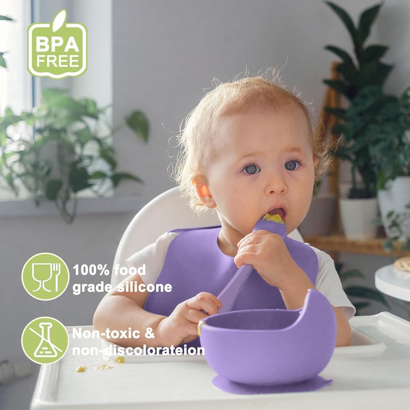 Munlinder Silicone Baby Feeding Set | Baby Led Weaning Supplies Includes Suction Bowls and Divided Plates, Adjustable Bib, Baby Utensils Spoons and Forks,Cup | Baby Feeding Essentials (Purple) - Image 3